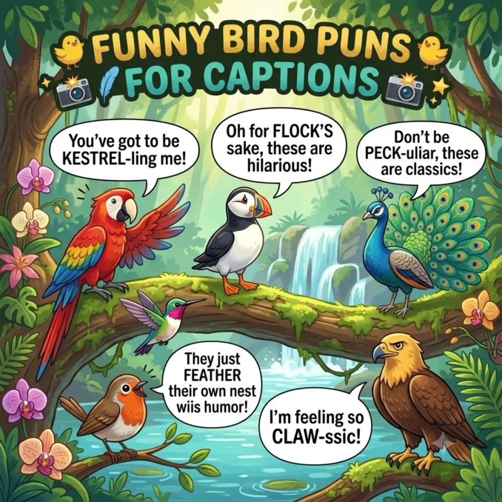 Cartoon birds making bird puns in a lush forest with orchids and a waterfall.