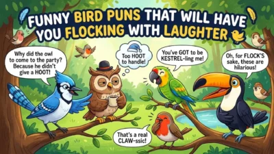 Funny bird puns cartoon illustration with an owl, blue jay, and parrot laughing in a forest.