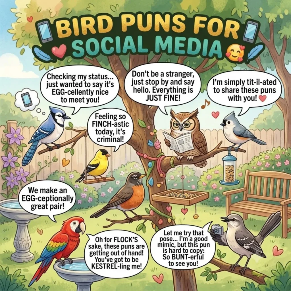 Cartoon birds in a garden making funny bird puns with speech bubbles for social media.