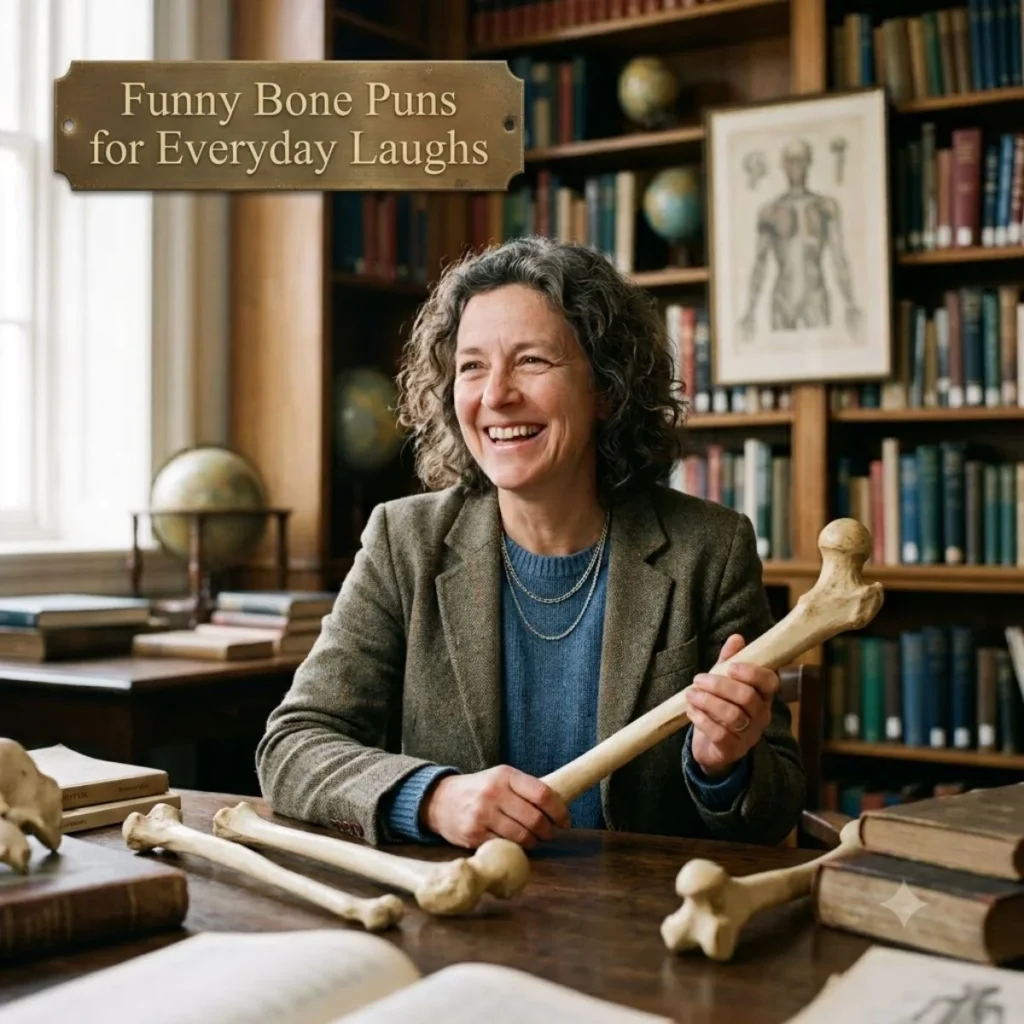 Laughing woman holding a large femur bone at a desk, illustrating funny bone puns for everyday laughs.