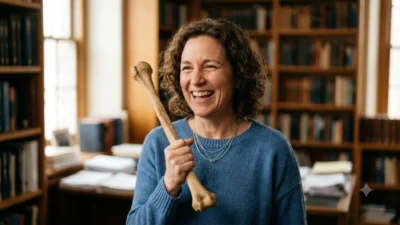 Laughing woman holding a humerus bone in a library, perfect for funny bone puns.
