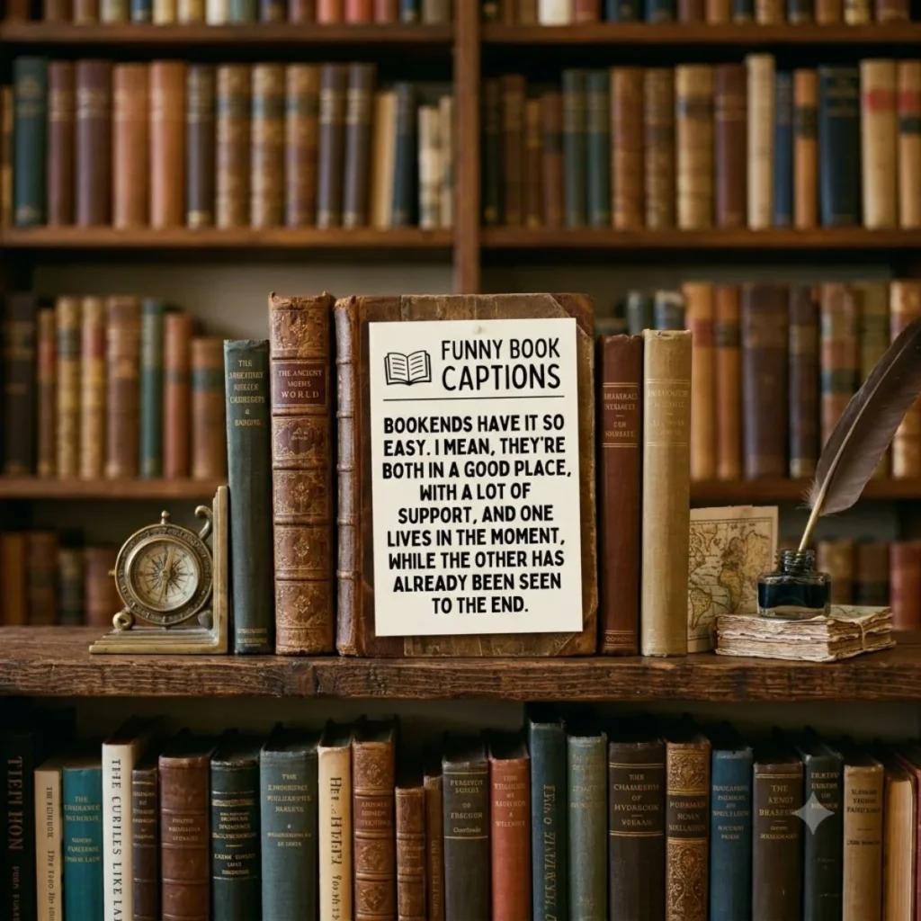 A paper featuring funny book captions pinned to an old leather volume on a library shelf.