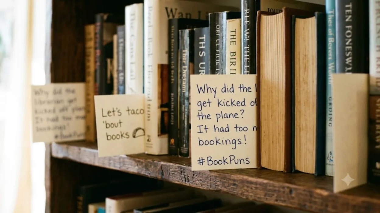Handwritten joke notes tucked between vintage novels on a rustic wooden bookshelf.