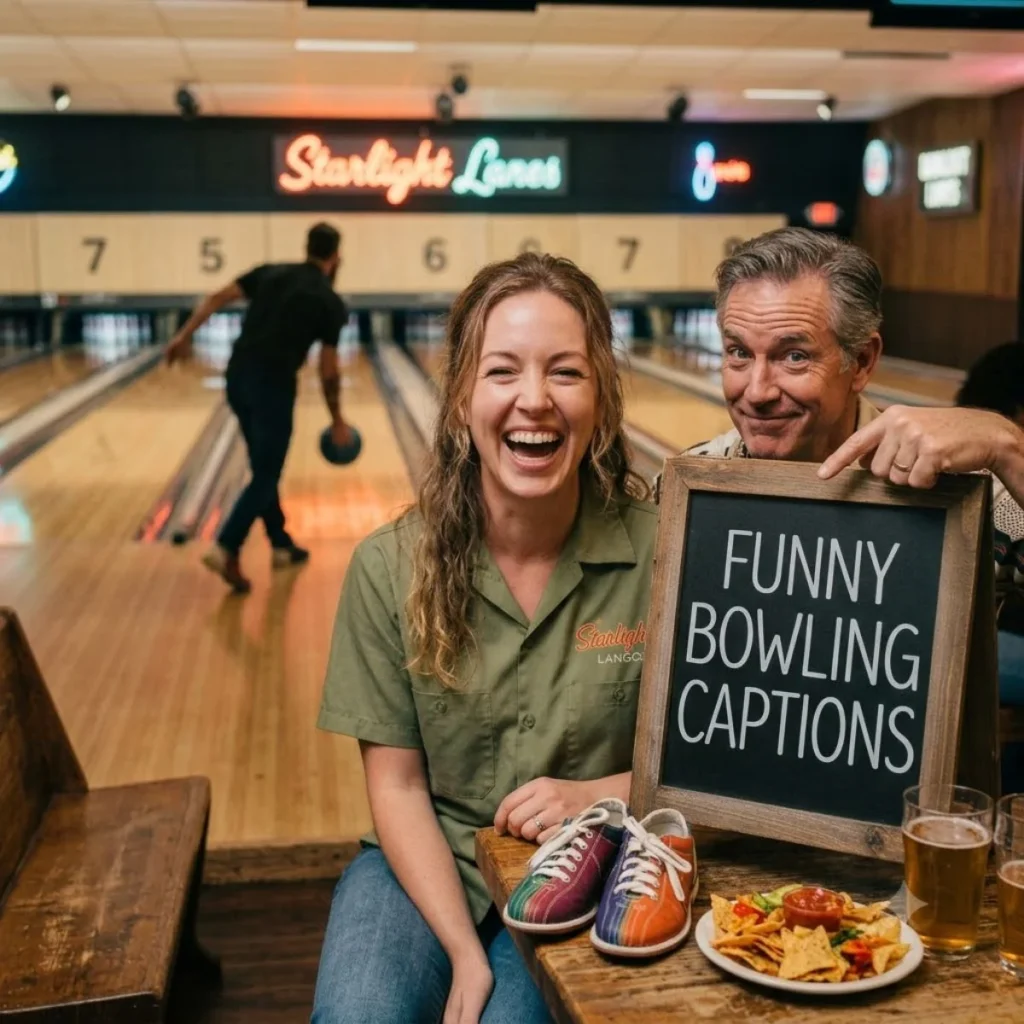 A laughing woman and a man pointing at a chalkboard sign that reads Funny Bowling Captions inside an alley