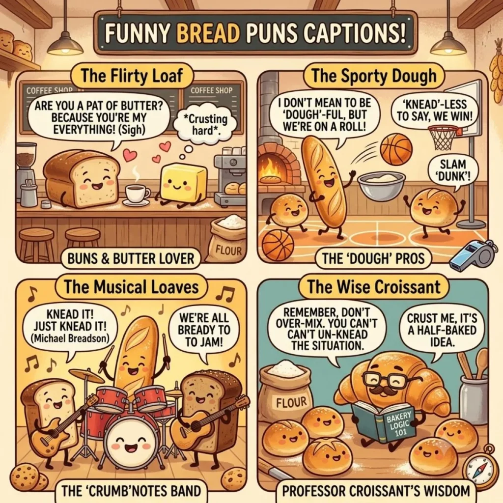 Four panel comic of cute cartoon bread characters sharing funny puns about flirting sports music and wisdom