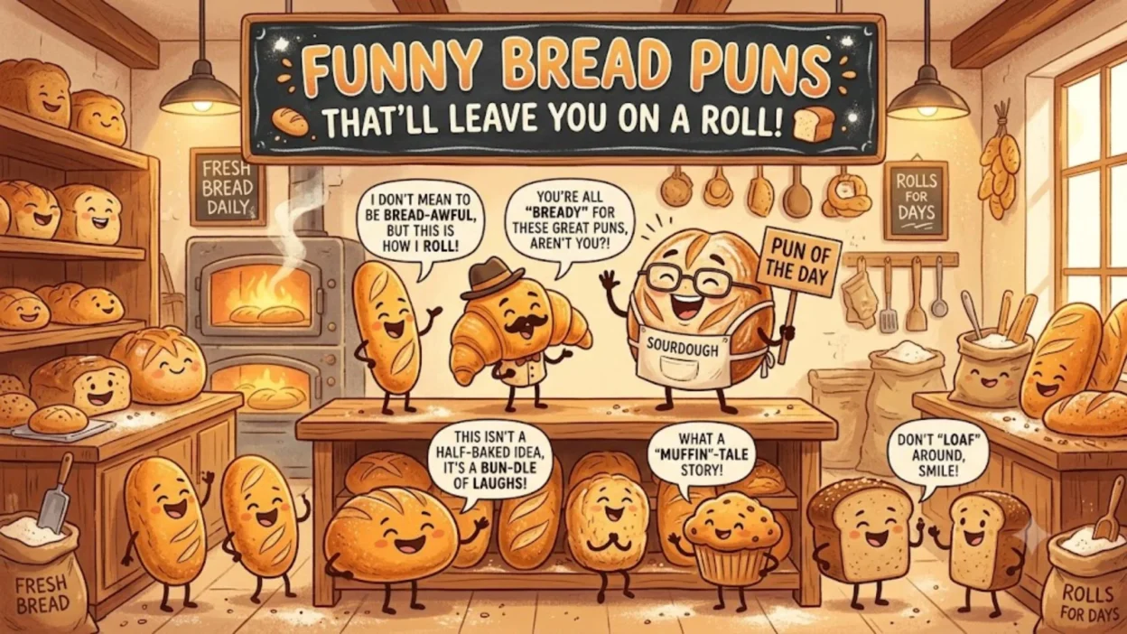 Cute cartoon bread characters telling funny bakery puns in a cozy kitchen background