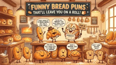 Cute cartoon bread characters telling funny bakery puns in a cozy kitchen background