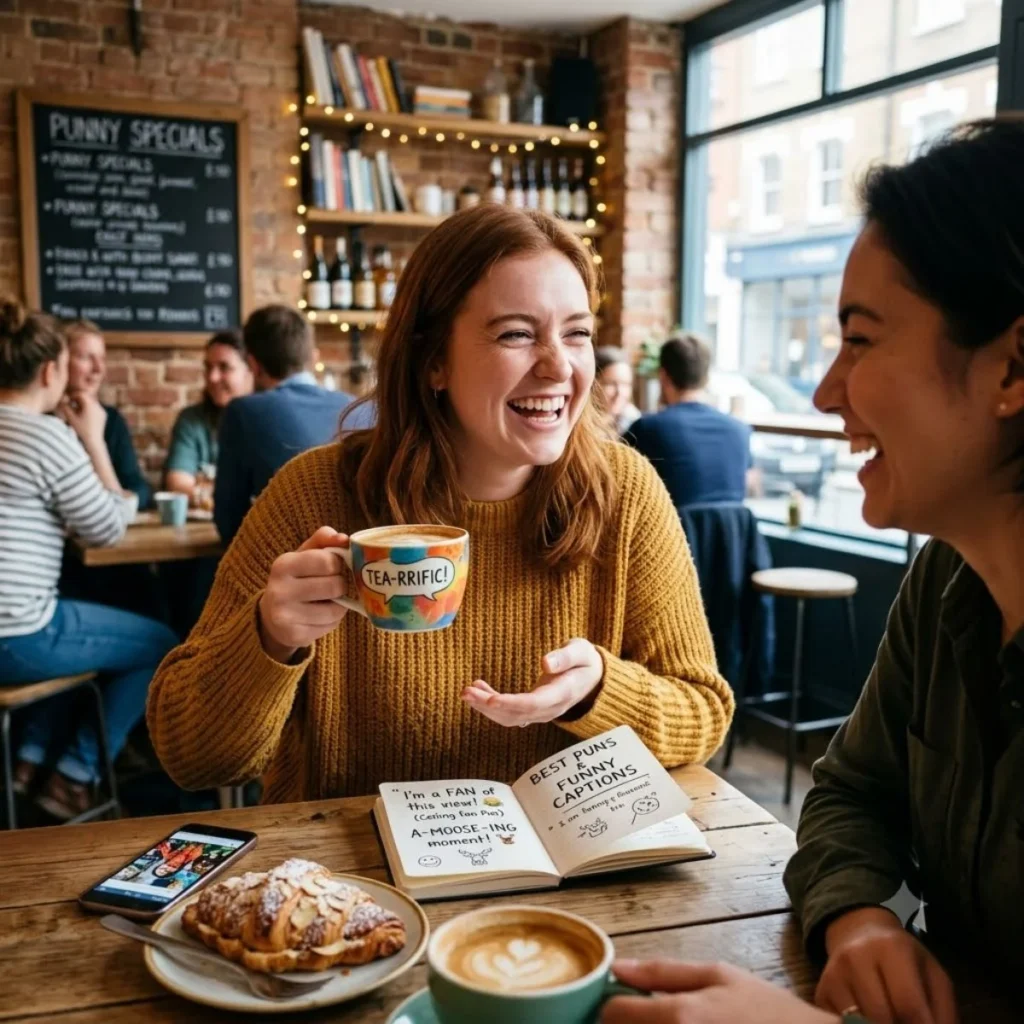 Two women laughing together at a cafe table next to an open notebook titled Best Puns and Funny Captions.