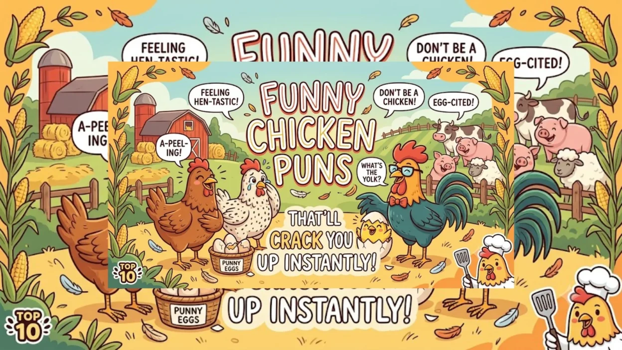 Cartoon chickens on a farm with speech bubbles containing funny chicken puns like egg cited and hen tastic