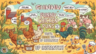 Cartoon chickens on a farm with speech bubbles containing funny chicken puns like egg cited and hen tastic