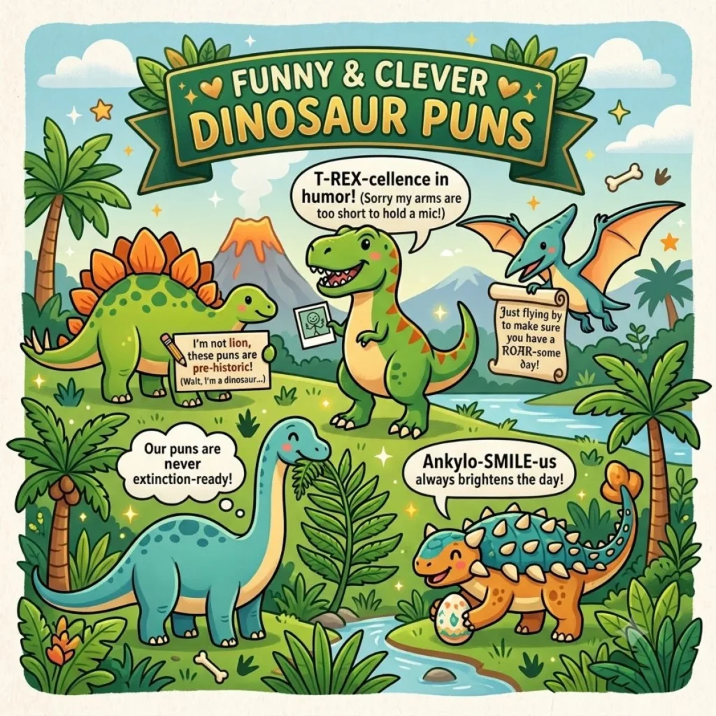 Cute cartoon dinosaur infographic with funny puns like T-Rexcellence and Dino-mite, set in a prehistoric jungle.