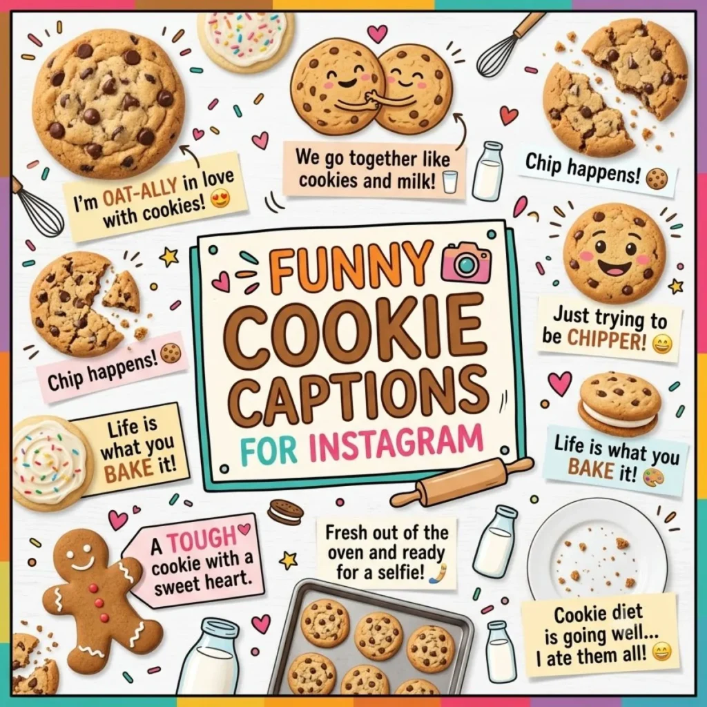 Colorful Instagram graphic featuring funny cookie captions and cute cookie illustrations on a white background