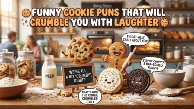 Cute cartoon cookies with funny puns in a cozy bakery setting