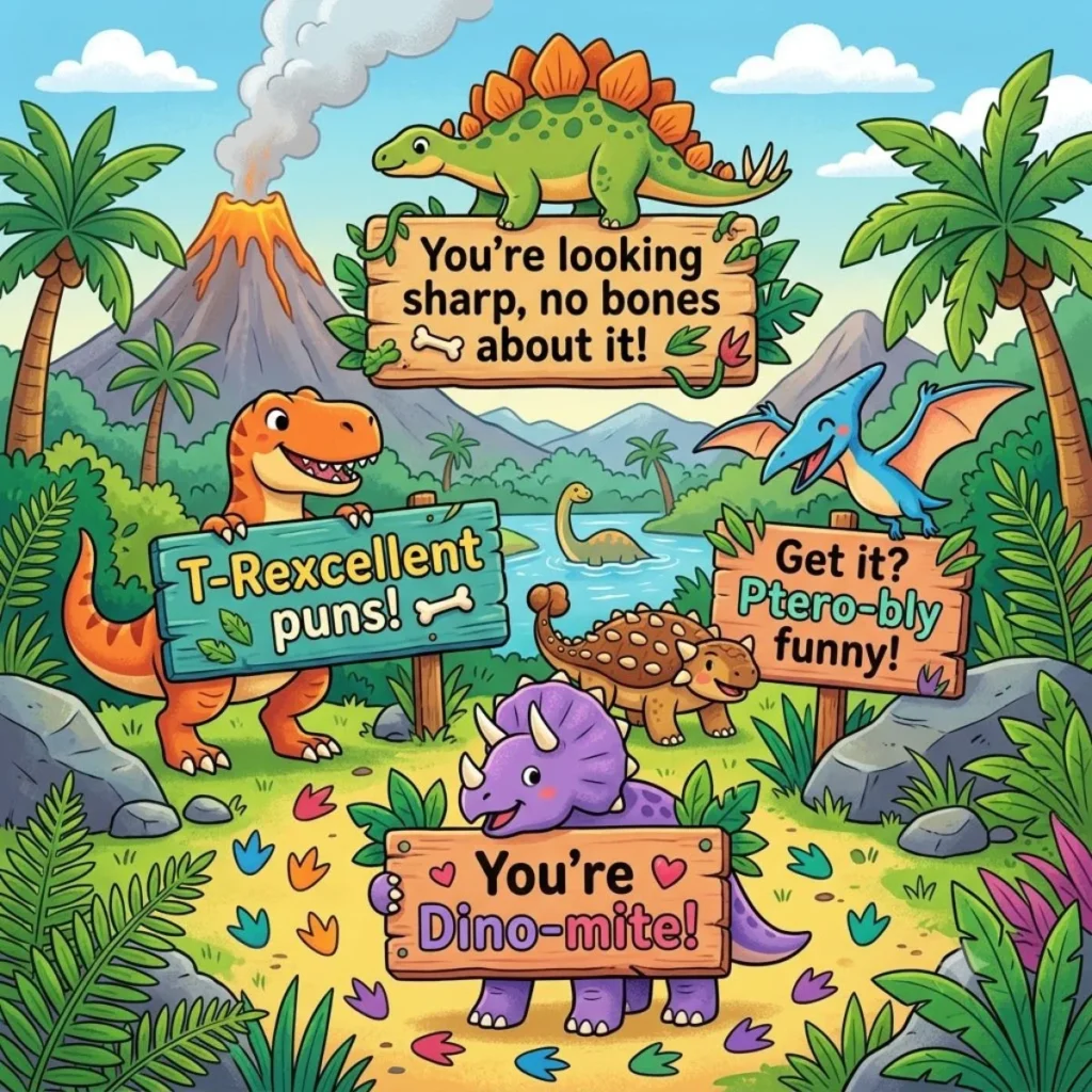 Funny cartoon dinosaurs with cute jokes in a jungle scene. (60 characters)
