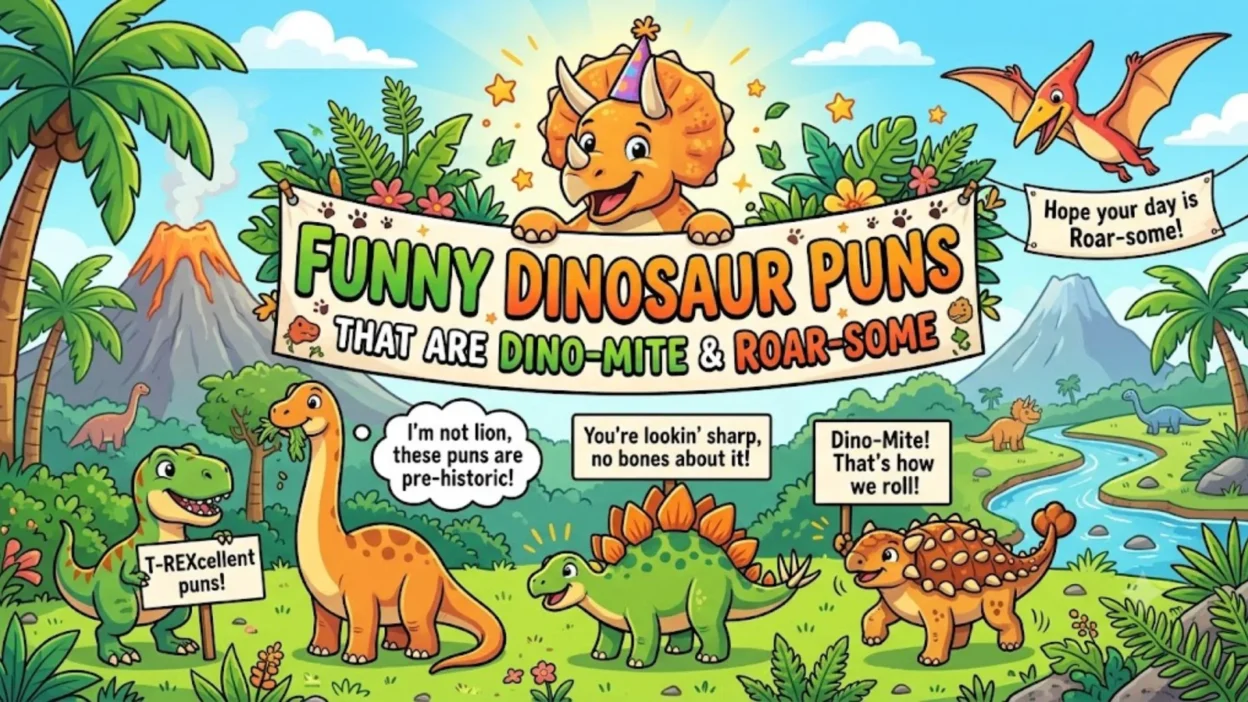 Cute cartoon dinosaurs holding a big banner with funny puns in a colorful prehistoric landscape. (104 characters)