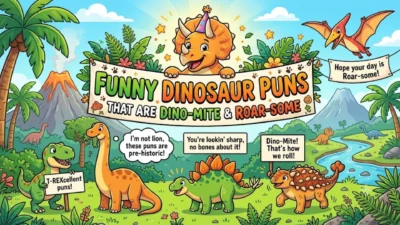 Cute cartoon dinosaurs holding a big banner with funny puns in a colorful prehistoric landscape. (104 characters)
