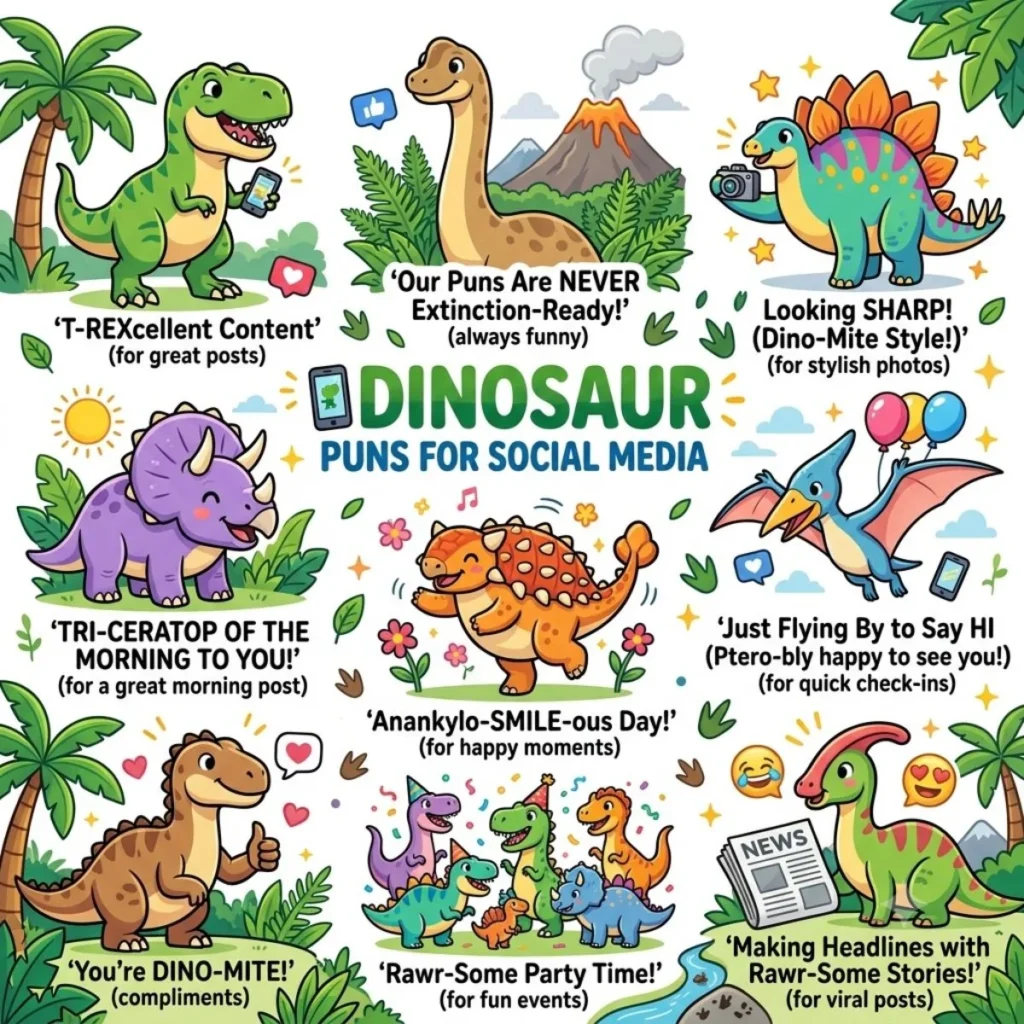 Colorful infographic of cute cartoon dinosaurs with funny puns for social media posts, set in a prehistoric jungle scene.