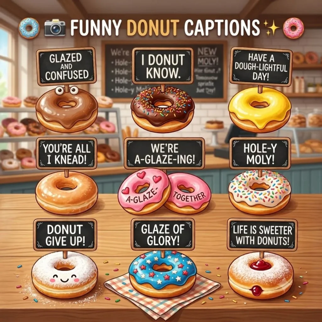 Nine decorated donuts with humorous caption signs arranged on a bakery countertop.
