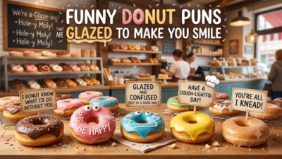 Assorted colorful frosted donuts with funny pun signs on a bakery counter.