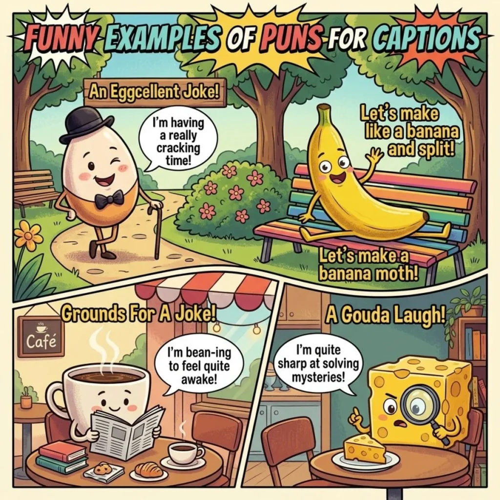 Comic book style panels featuring cute food characters sharing funny puns in outdoor and cafe settings.