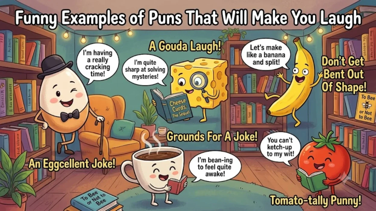 Cute cartoon characters sharing funny puns in a cozy library setting.