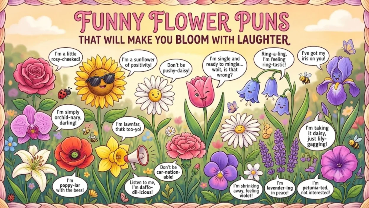 Vibrant cartoon garden filled with smiling personified flowers sharing funny puns in speech bubbles