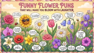 Vibrant cartoon garden filled with smiling personified flowers sharing funny puns in speech bubbles