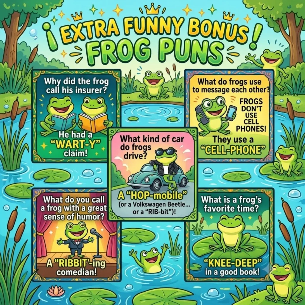 Infographic of funny frog puns and jokes with cute cartoon frogs in a green pond setting.