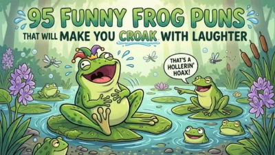 Funny cartoon frogs laughing in a pond with 95 Frog Puns heading banner.