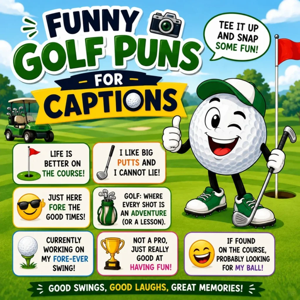 Funny golf puns for captions with a smiling golf ball mascot, golf cart, clubs, and colorful caption ideas on a golf course.