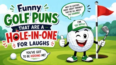 Funny golf puns banner with a smiling golf ball mascot, golf club, flag, and playful hole-in-one jokes on a sunny course.