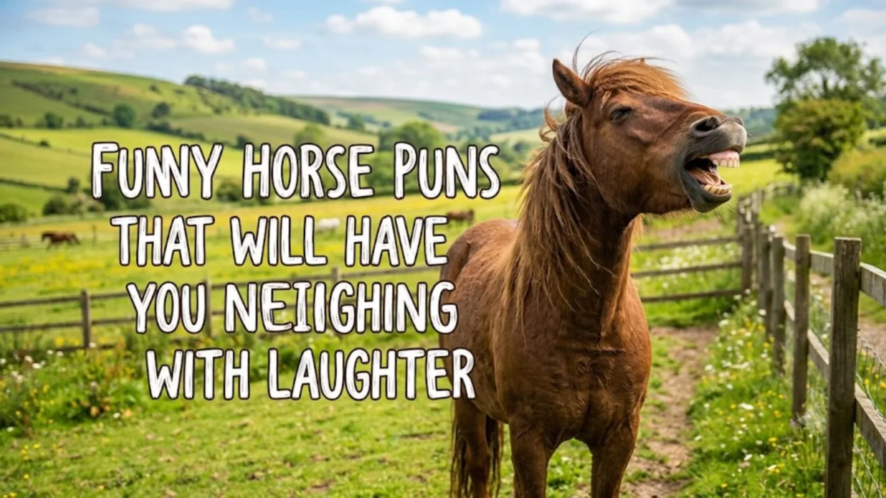 Funny laughing horse in a green field with horse puns text overlay.