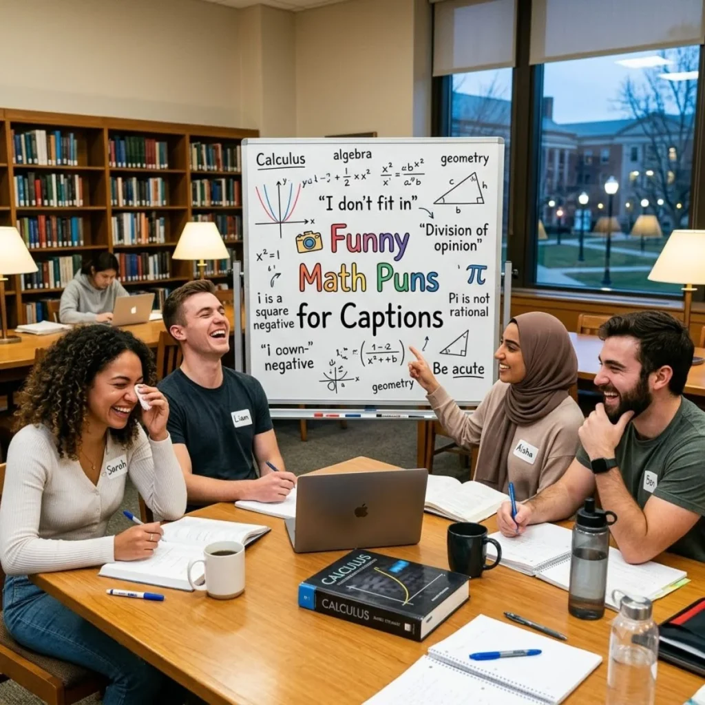 Four students laughing at a library desk beside a whiteboard displaying Funny Math Puns for Captions.