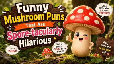 Funny mushroom puns illustration with smiling cartoon mushrooms in a forest and playful woodland humor