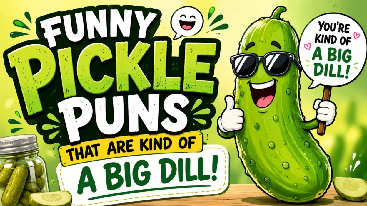 Funny pickle puns illustration with a smiling pickle wearing sunglasses and a "You're Kind of a Big Dill!" sign