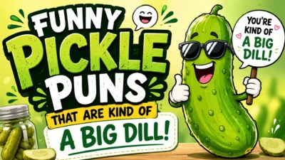 Funny pickle puns illustration with a smiling pickle wearing sunglasses and a "You're Kind of a Big Dill!" sign