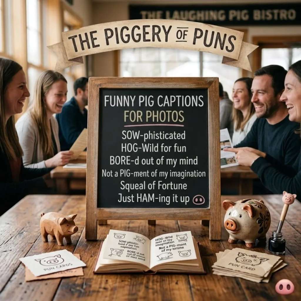 Friends laughing in a restaurant behind a chalkboard listing funny pig captions for photos next to a piggy bank.