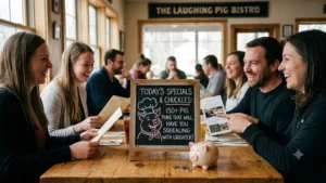 Friends laughing at a restaurant table next to a chalkboard sign displaying pig puns.