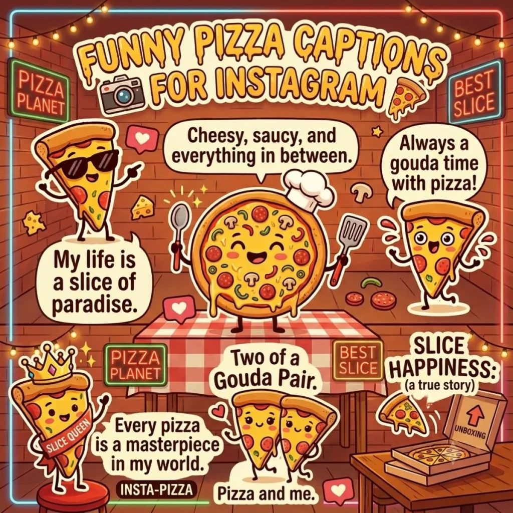 Cute cartoon pizza slices with funny Instagram captions in a bright pizzeria graphic design