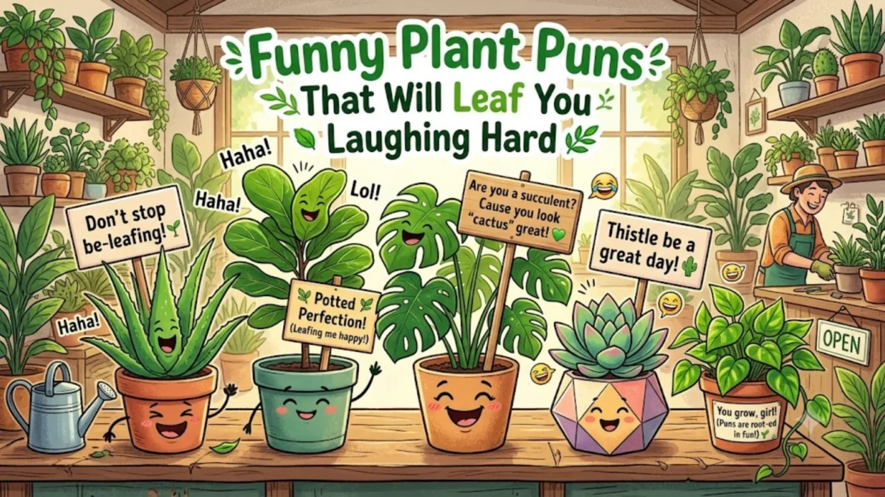 Funny cartoon plants holding pun signs in a bright garden shop