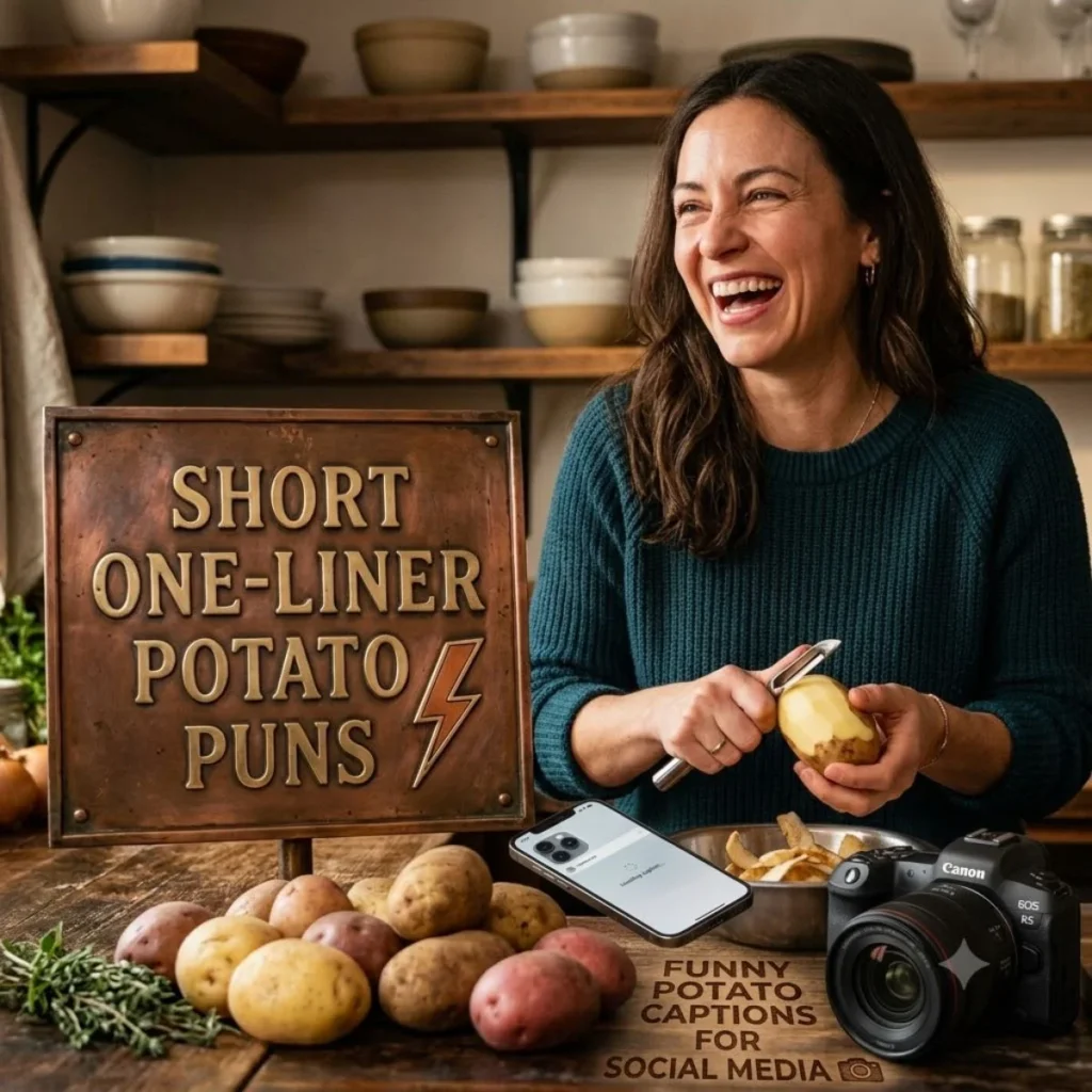 Woman laughing while peeling potatoes next to a professional camera, smartphone, and a funny potato captions sign.