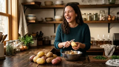 A woman laughing out loud while peeling fresh potatoes in a rustic kitchen setup.