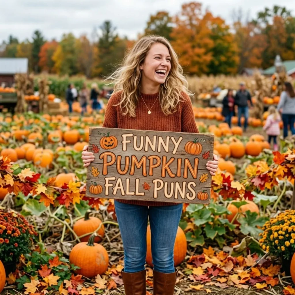 A smiling woman standing in a pumpkin patch holding a wooden sign that says funny pumpkin fall puns.