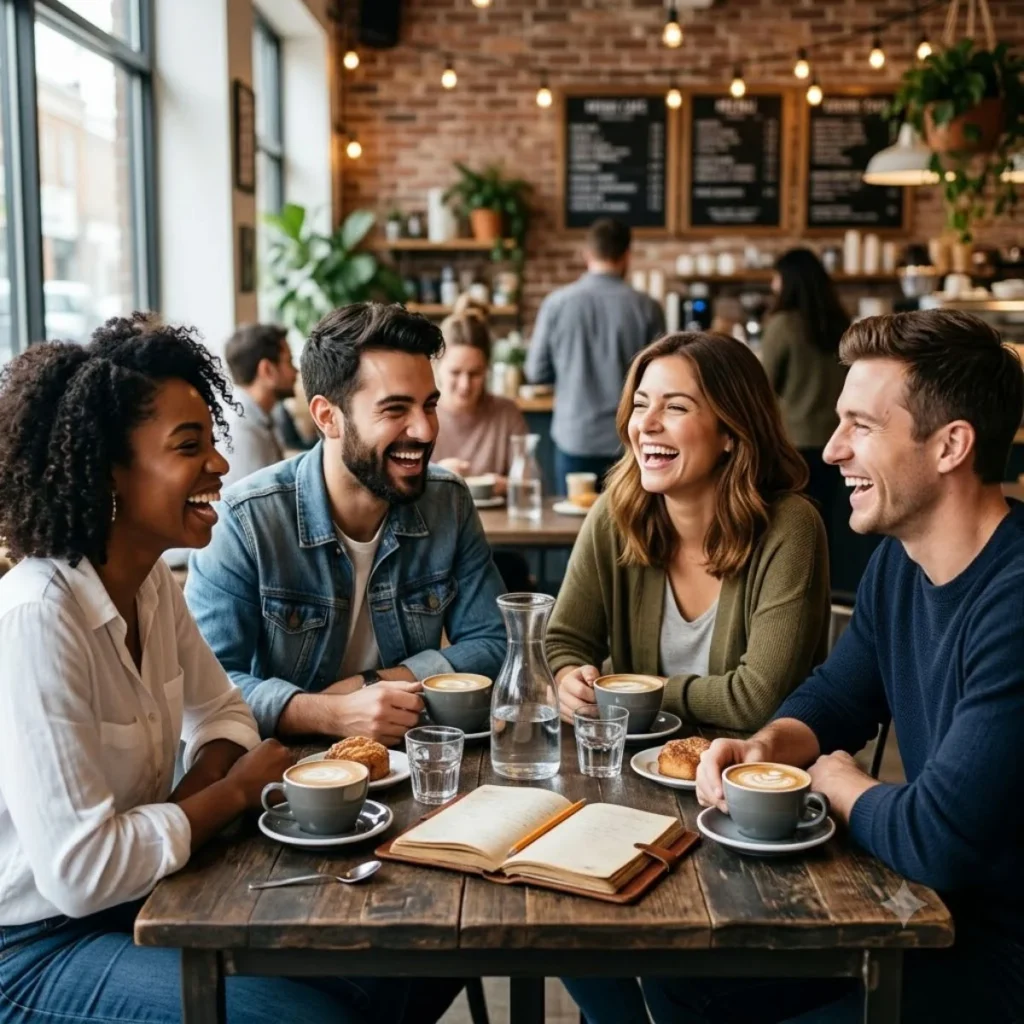 Four friends laughing together at a cafe table while gathering funny puns examples for captions.