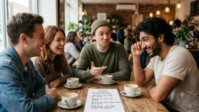 A group of friends laughing together at a cafe table with a sheet of funny puns.