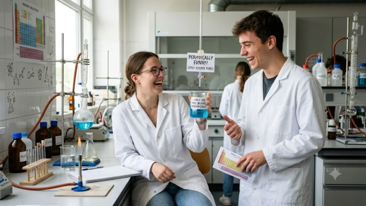 Two young scientists laughing in a chemistry lab with beakers and a periodic table.