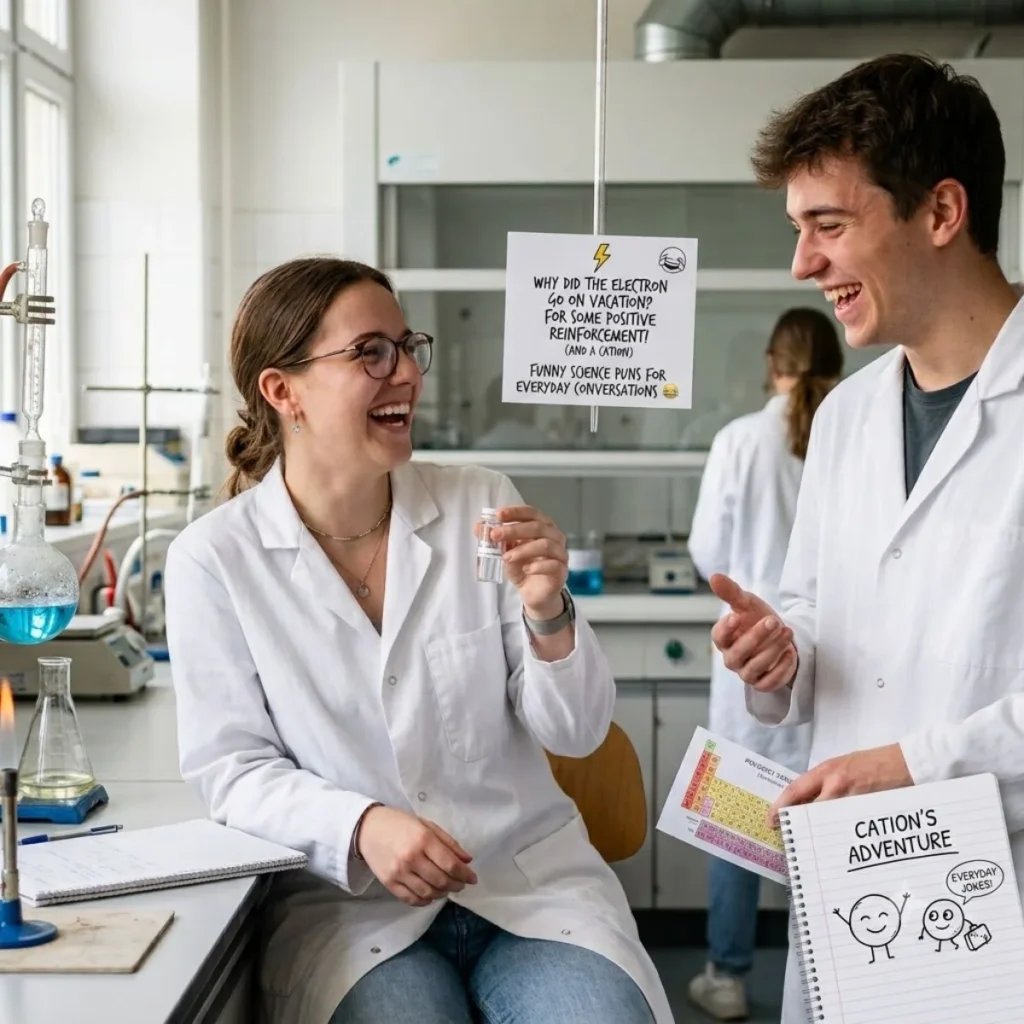 Two smiling young scientists laughing in a chemistry lab with a science cartoon notebook and a hanging joke sign.