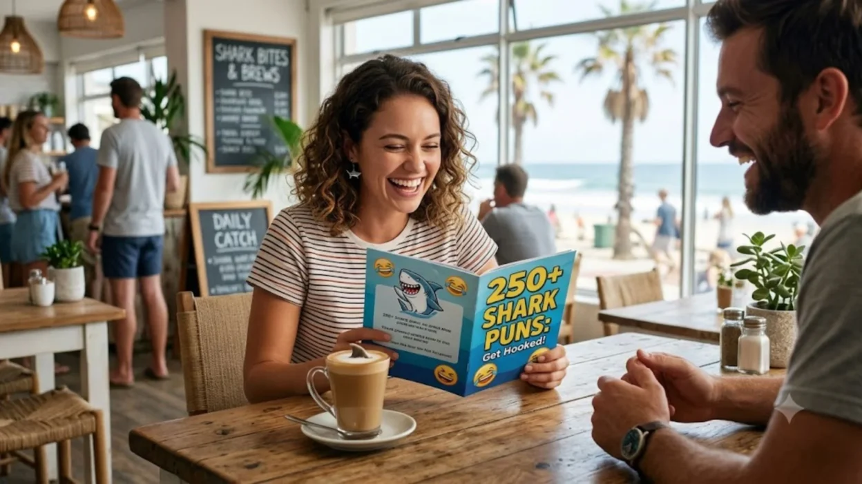 A couple laughing together at a beachside cafe while holding a booklet with a cartoon shark on the cover.