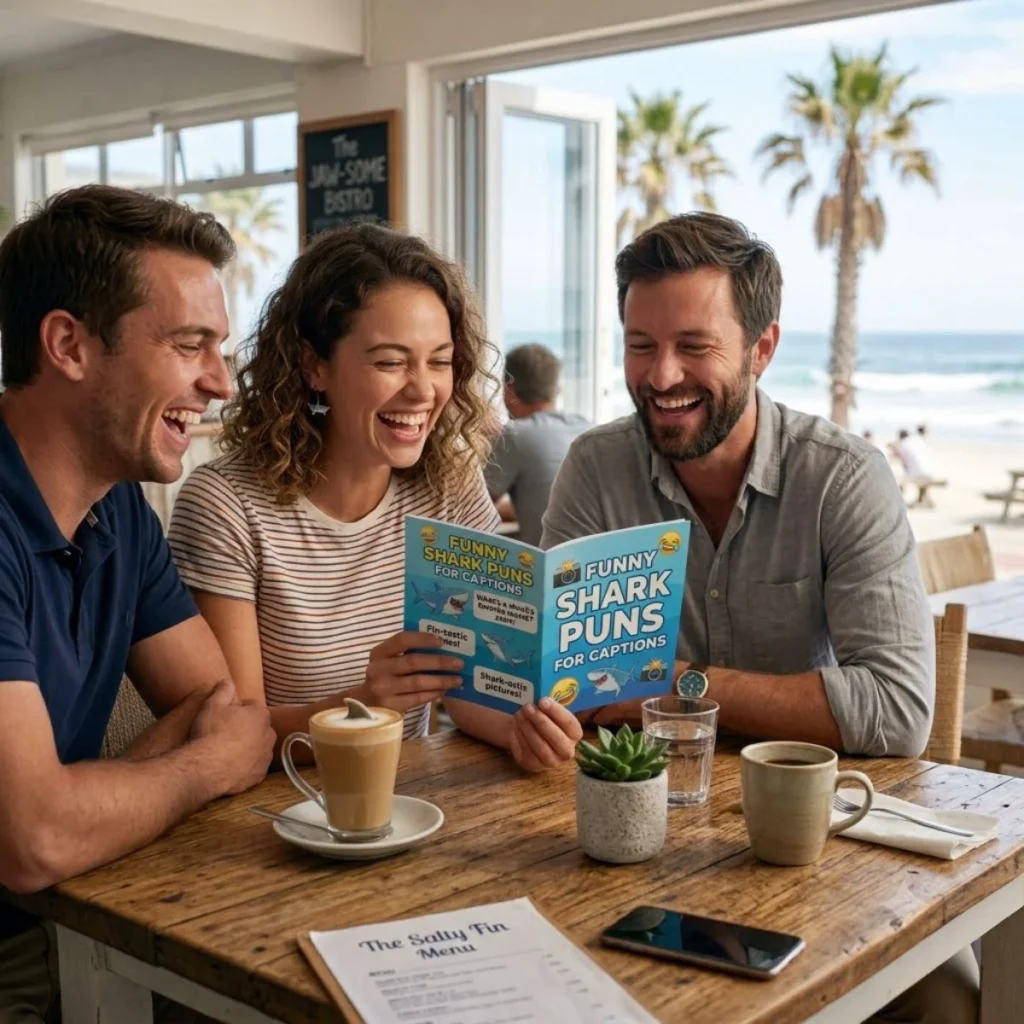 Three smiling friends laughing at a wooden table in a beach cafe while looking at a book of funny shark puns for captions.