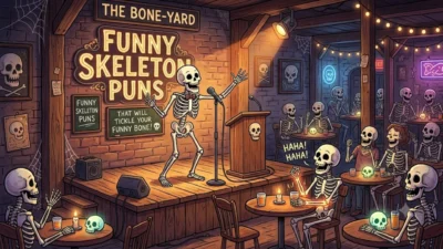 A cartoon skeleton performing stand-up comedy on stage in front of a laughing skeleton audience in a club.